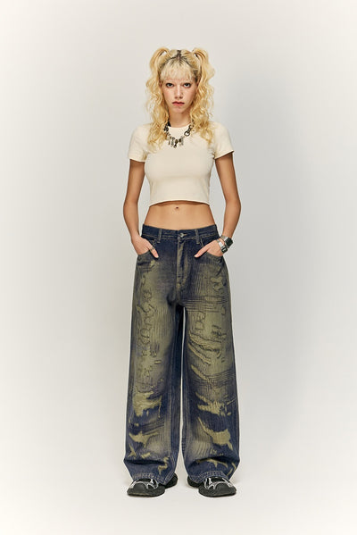 Pantalones Denim Ancho Estilo Urbano Americano con Estampado para Hombre - Image 12