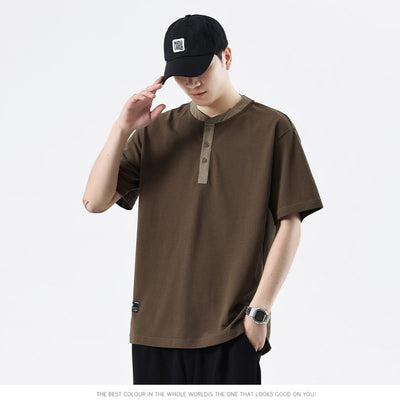 Playera Cuello Henley Básica de Color Sólido para Verano - Image 19