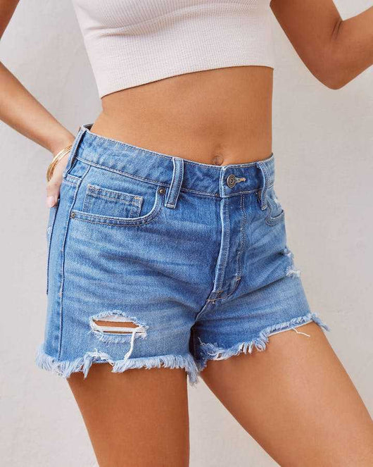 Shorts Denim Talle Alto con Roturas y Flecos - Image 15