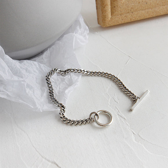 Pulsera Cadena Geométrica Retro con Anillo - Accesorios de Plata Moderna