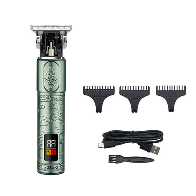 Gold electric hair clippers with an LCD display and engraved design, shown with 1mm, 2mm, 3mm guide combs, USB cable, and cleaning brush. - Image 12