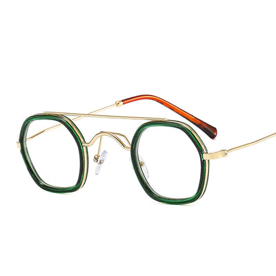 Green hexagonal frame sunglasses with blue to peach gradient lenses and gold-tone double bridge and temples. - Image 11