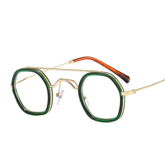 Green hexagonal frame sunglasses with blue to peach gradient lenses and gold-tone double bridge and temples. - Image 11