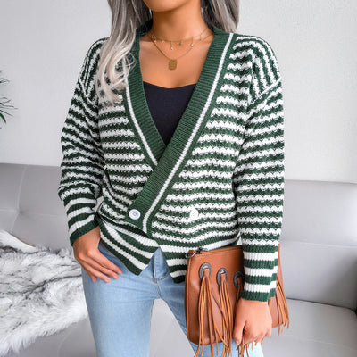 Suéter Tejido de Cuello V con Rayas y Mangas Largas para Otoño e Invierno - Image 3