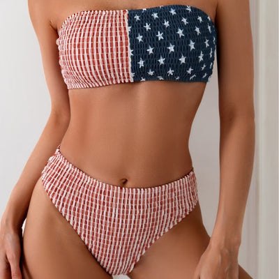 Women's two-piece bikini swimsuit with an American flag design, featuring a shirred bandeau top and high-waisted bottom. - Image 11