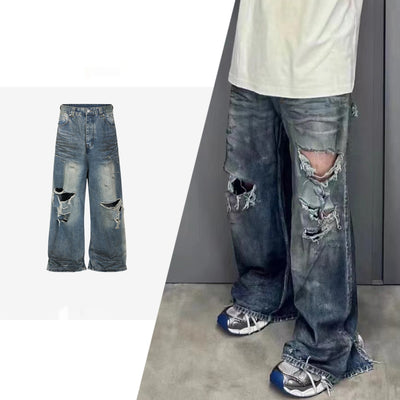 Jeans Retro Rotos Hombre con Textura Desgastada y Pliegues Vintage - Image 3