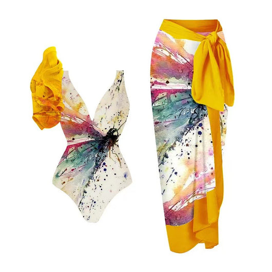 One-piece swimsuit with a deep V-neck and yellow ruffle strap, paired with a matching sarong skirt. Both feature a vibrant watercolor butterfly print. - Image 4
