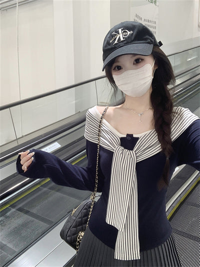 Blusa Rayas con Cordones y Encaje Manga Larga para Mujer - Image 16