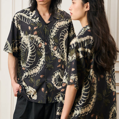 Camisa Cubana de Manga Corta con Patrón de Hueso de Serpiente - Diseño Original