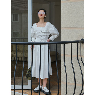 Vestido Midi Cuello Cuadrado con Mangas Globo - Corte A Elegante para Mujer - Image 4