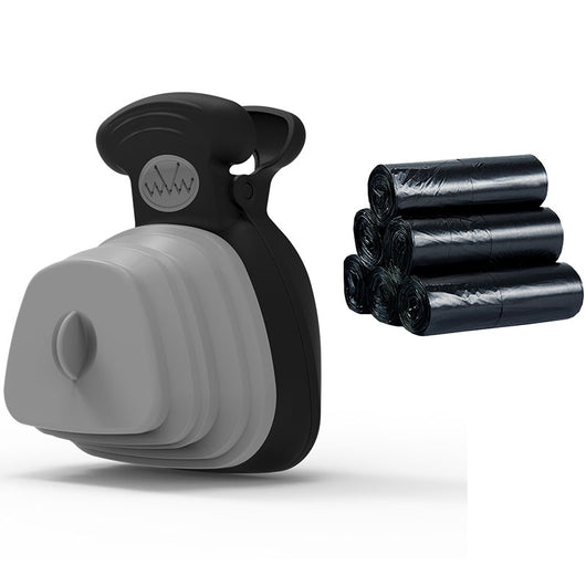 Blue and black foldable pet poop bag dispenser with an integrated scoop, ideal for travel and outdoor use. - Image 5