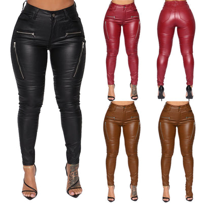 Pantalones de Cuero Ajustados con Cierre de Cremallera