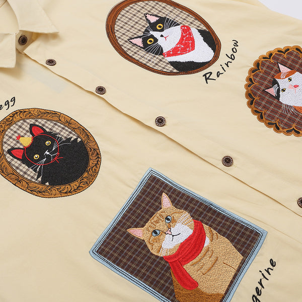 Playera Holgada con Bordado de Gato Estilo Vintage Manga Corta