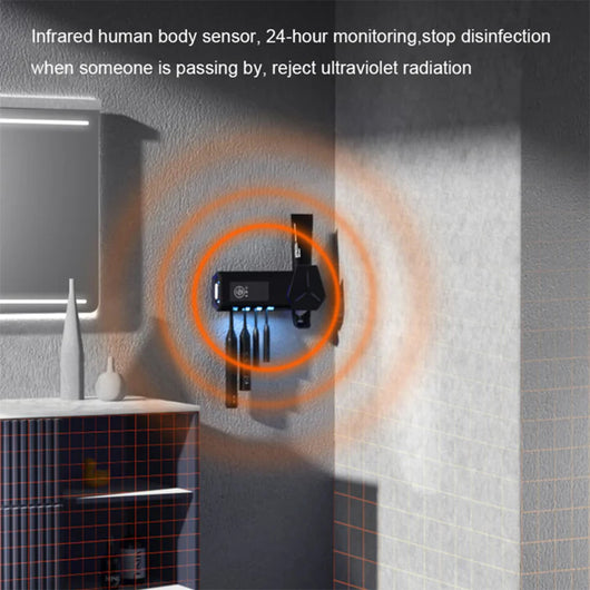 White wall-mounted toothbrush sterilizer with UVC ultraviolet light, holding four electric toothbrushes. Features a digital display and blue sterilization light - Image 8