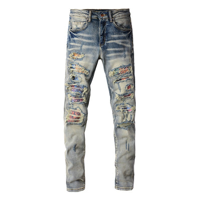 Jeans Azul Bebé Desgastado con Parches Iridiscentes para Hombre - Image 8