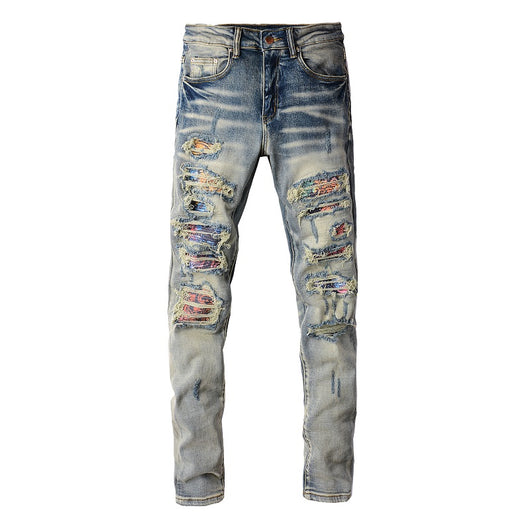 Jeans Azul Bebé Desgastado con Parches Iridiscentes para Hombre - Image 8