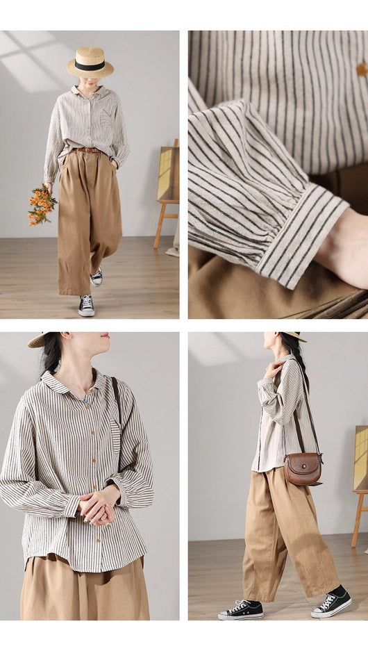 Blusa Retro de Lino y Algodón a Rayas con Diseño Artístico - Image 14