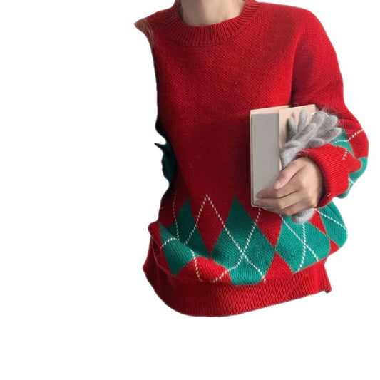 Suéter Navideño Talla Grande para Mujer - Diseño Rombos Rojo Contrastado Acolchado