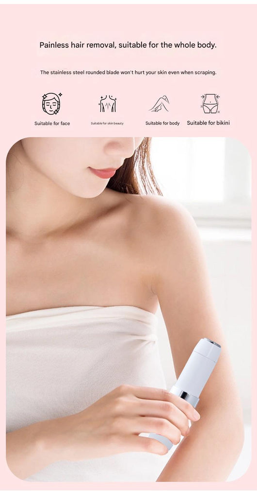 Two white and silver electric shavers for painless, full-body hair removal, featuring a detachable and washable blade head. - Image 7