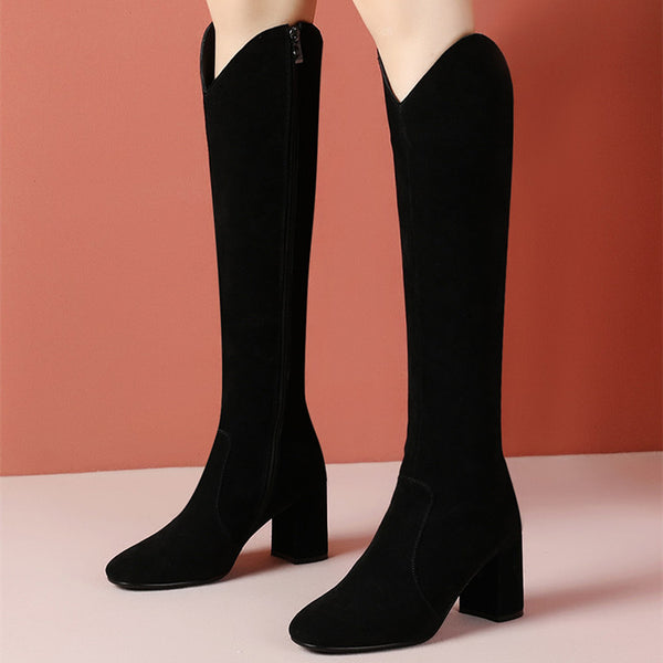 Botas Altas de Cuero con Tacón Grueso para Mujer