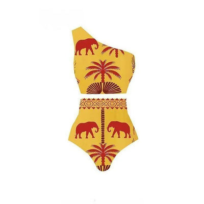 Black one-piece swimsuit with an asymmetrical top and matching long skirt, featuring a tropical palm tree and bird print. - Image 10