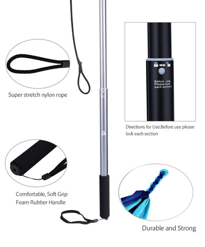 Black telescopic pet training rod with a black cord and two interchangeable braided fabric attachments in green/yellow and blue. - Image 16