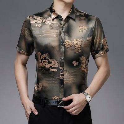 Camisa de Seda Satinada Estilo Chino Manga Corta