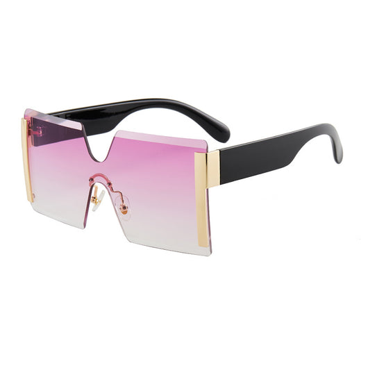 Frameless sunglasses with pink gradient lenses, black temples, and gold-tone accents on a white background. - Image 18