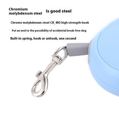 Blue and grey retractable dog leash with a black waste bag dispenser and a silver metal clip. - Image 31