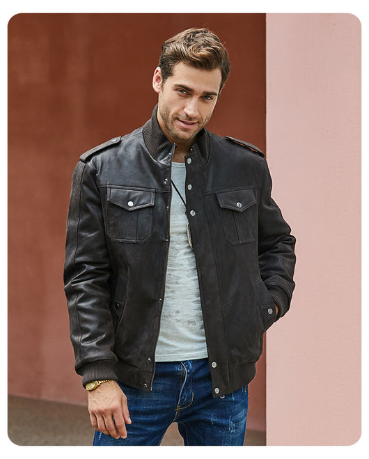 Chaqueta de Piel de Cerdo y Algodón con Cuello de Pie y Múltiples Bolsillos - Image 7
