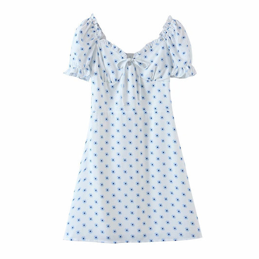 Vestido Playero Retro con Cuello Cuadrado y Mangas Abullonadas