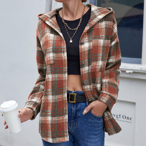 Chaqueta Abierta Casual de Cuadros con Capucha y Manga Larga