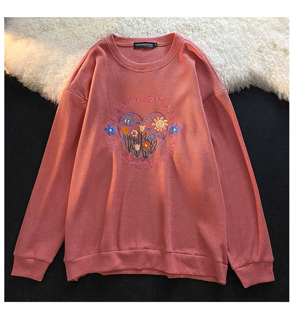 Suéter Tejido Waffle con Bordado Floral Cuello Redondo Manga Larga Otoño