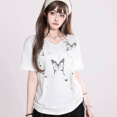 Camiseta Estampado Mariposas Manga Corta para Mujer