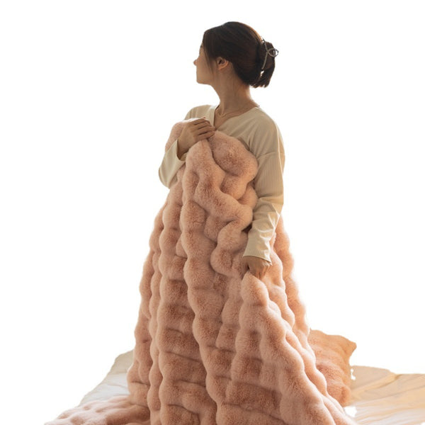 Manta Quilt de Terciopelo Grueso Conejo Pompón Poliéster