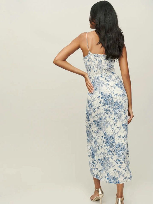 Vestido de Seda Estampado con Cordón y Abertura Lateral