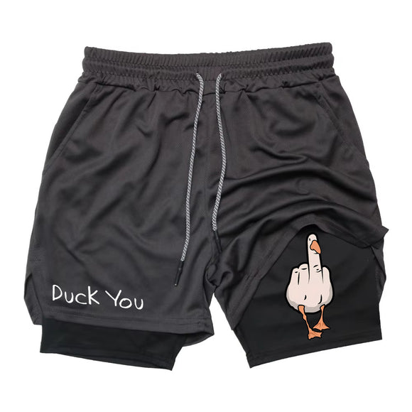Shorts Esportivos Masculinos de Camada Dupla com Estampa de Pato