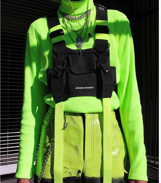 Chaleco Táctico Hip Hop Multiusos con Bolsa de Pecho - Verde Fluorescente - Image 6