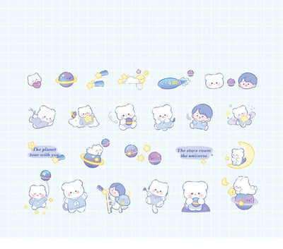 Waxy Ji Blue Mian Series cartoon stickers featuring cute bears and a boy in space with planets, stars, and rockets. - Image 11