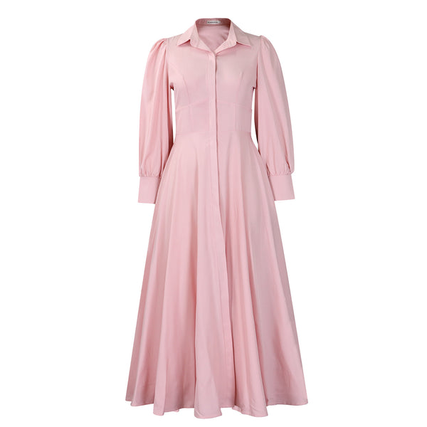 Vestido Camisero Elegante Manga Larga Ruedo Amplio Color Sólido - Image 6