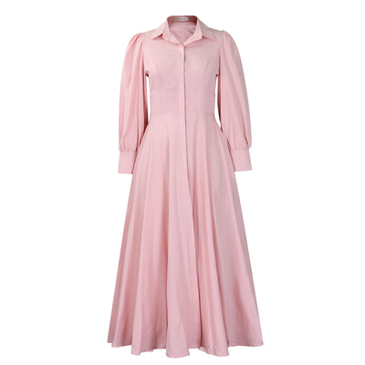 Vestido Camisero Elegante Manga Larga Ruedo Amplio Color Sólido - Image 6