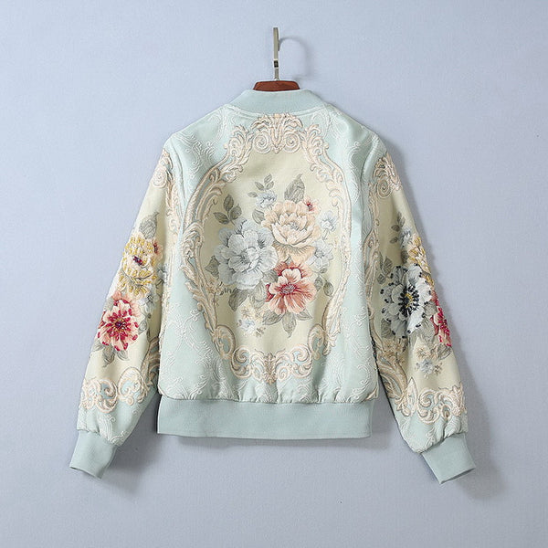 Chaqueta Beisbolera Larga con Peonia Cristalizada y Bordado en Relieve para Mujer