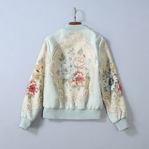 Chaqueta Beisbolera Larga con Peonia Cristalizada y Bordado en Relieve para Mujer