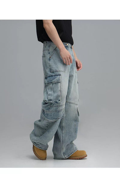 Pantalones Vaqueros de Trabajo Multibolsillos Lavados - Corte Ancho Casual para Hombre - Image 13