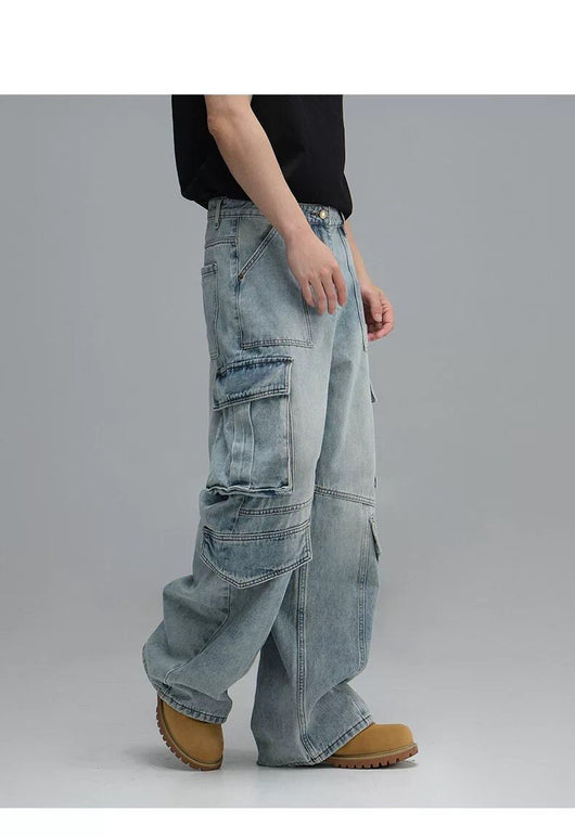 Pantalones Vaqueros de Trabajo Multibolsillos Lavados - Corte Ancho Casual para Hombre - Image 13