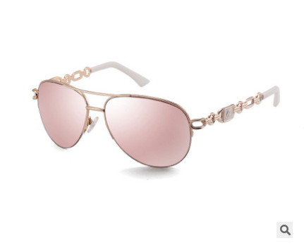 Women's pilot sunglasses with rose gold frames, pink mirrored lenses, and chain-link detail on the temples. - Image 9