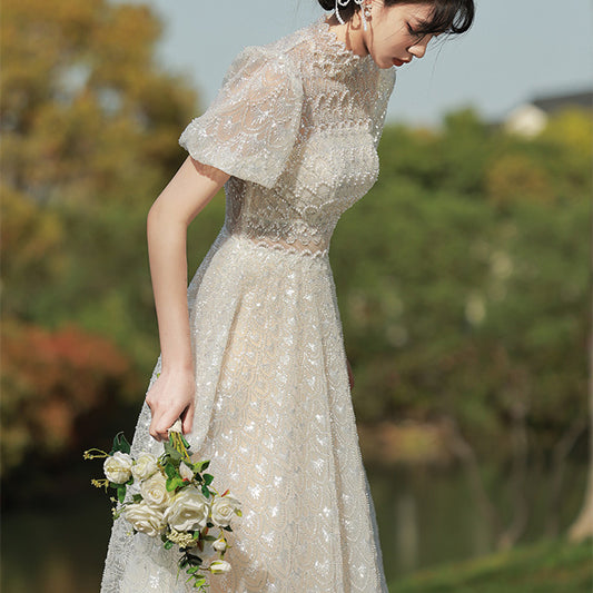 Vestido Vintage Elegante de Color Liso para Mujer