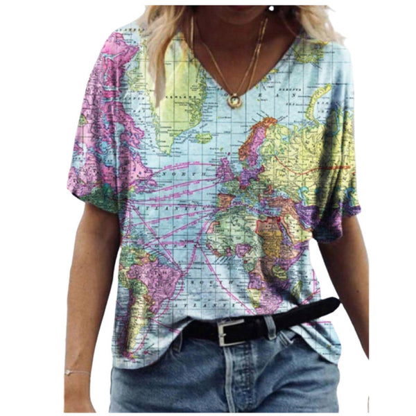 Camiseta Cuello V Estampado Mapa