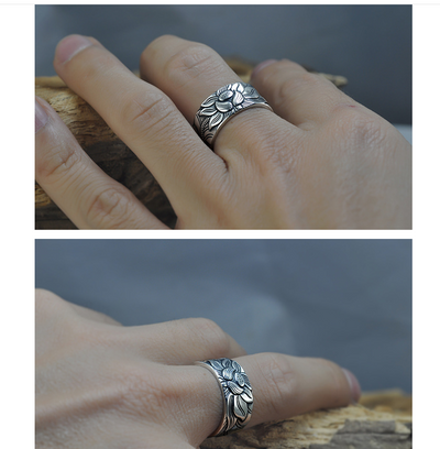 Anillo de Plata Pura S999 Loto Abierto - Diseño Retro Ancho para Hombre - Image 4