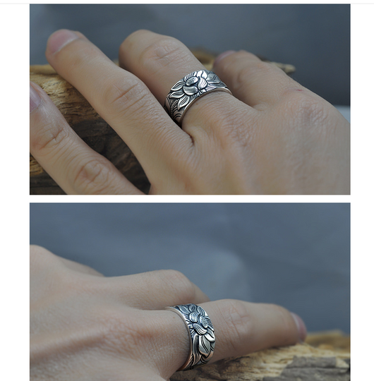 Anillo de Plata Pura S999 Loto Abierto - Diseño Retro Ancho para Hombre - Image 4